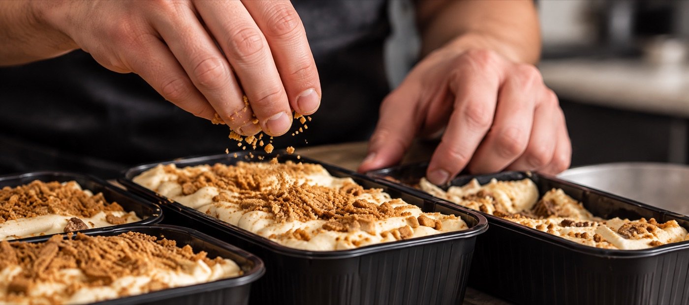 Elias saupoudrant des brisures de spéculoos sur des barquettes de tiramisu en préparation