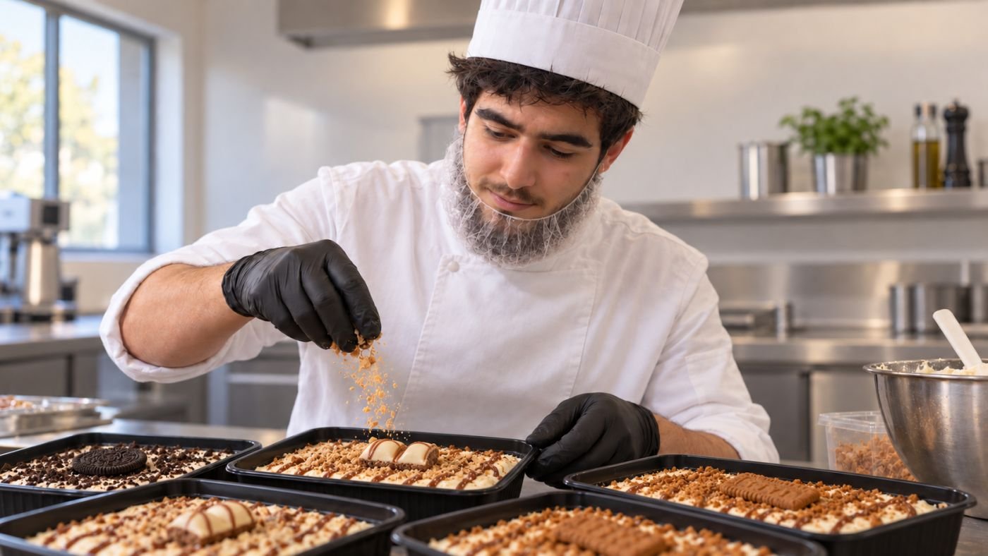 Elias, en tenue de cuisine, saupoudrant des brisures sur des barquettes de tiramisu en préparation