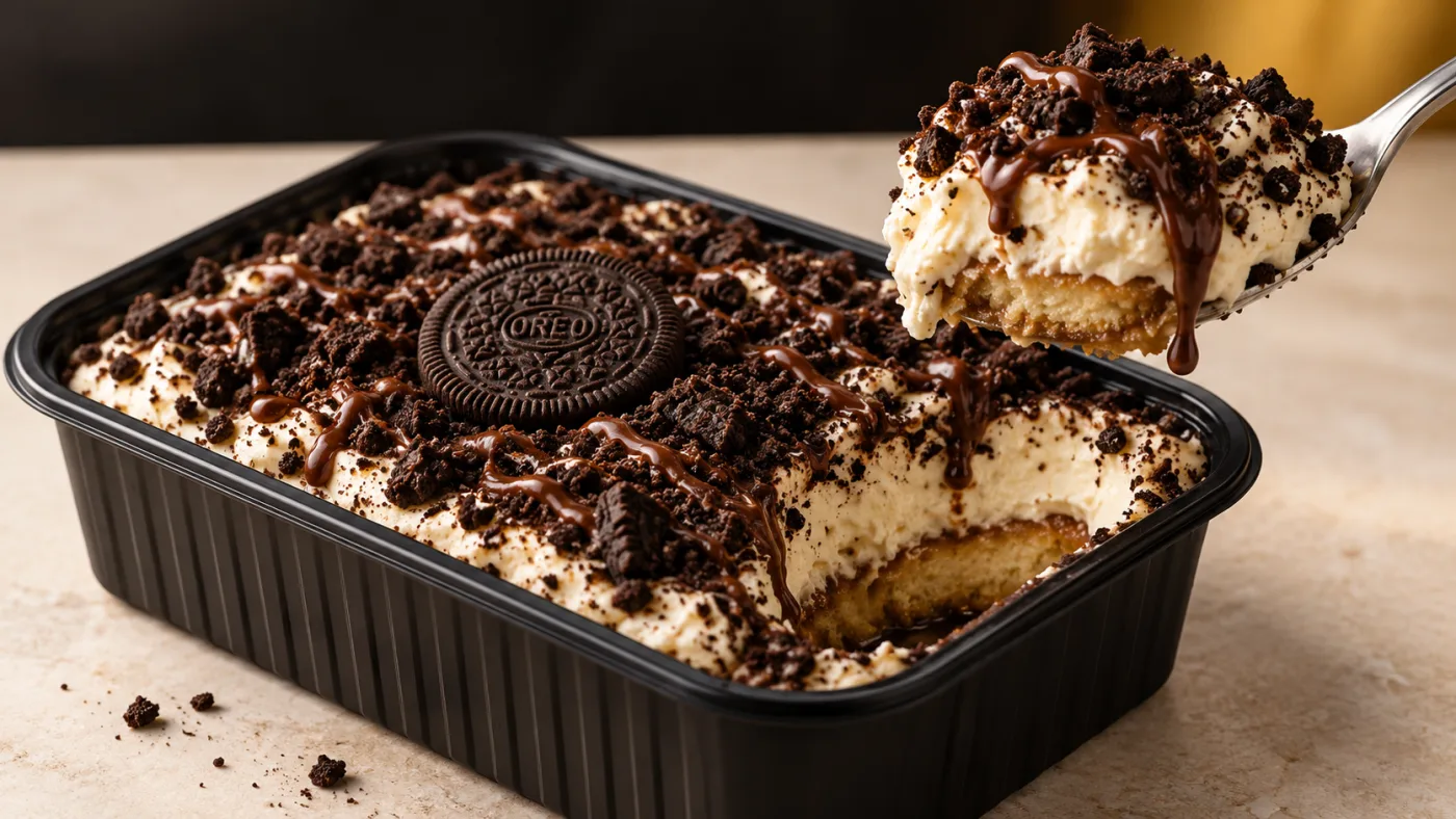 Barquette de tiramisu Oreo : biscuit Oreo au centre, crème mascarpone, coulis de chocolat, et une cuillère qui montre la couche de biscuit